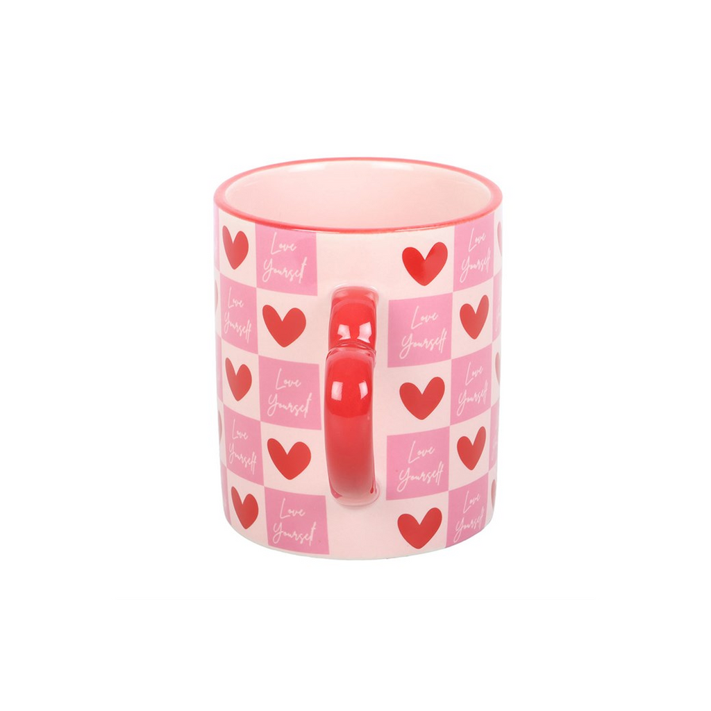 Love Yourself Checkered Mug with Heart Handle
