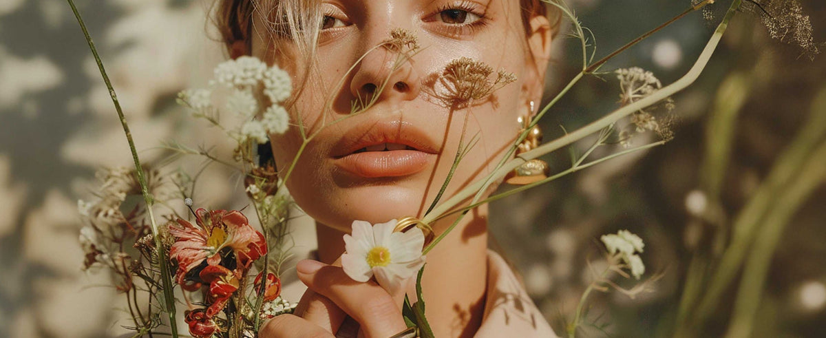 Woman holding flowers with a blurred background no jewellery